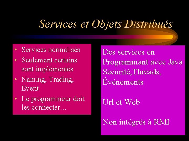 Services et Objets Distribués • Services normalisés • Seulement certains sont implémentés • Naming,