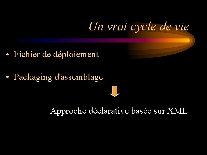 Un vrai cycle de vie • Fichier de déploiement • Packaging d'assemblage Approche déclarative