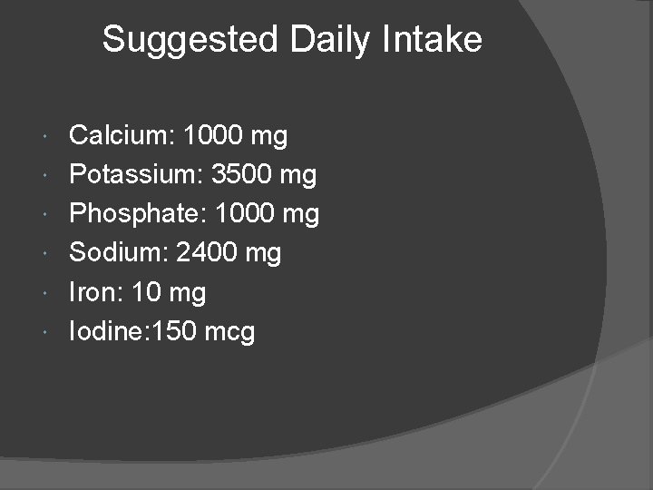 Suggested Daily Intake Calcium: 1000 mg Potassium: 3500 mg Phosphate: 1000 mg Sodium: 2400