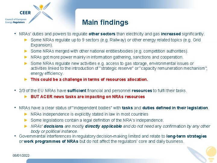 Main findings • NRAs’ duties and powers to regulate other sectors than electricity and