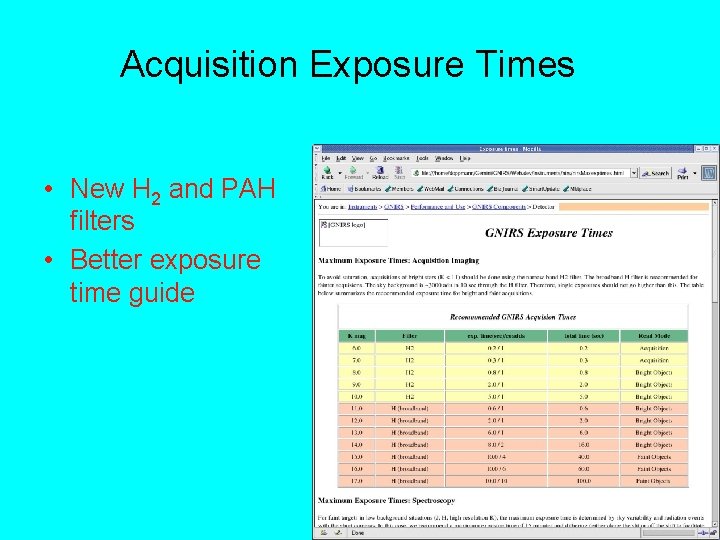Acquisition Exposure Times • New H 2 and PAH filters • Better exposure time