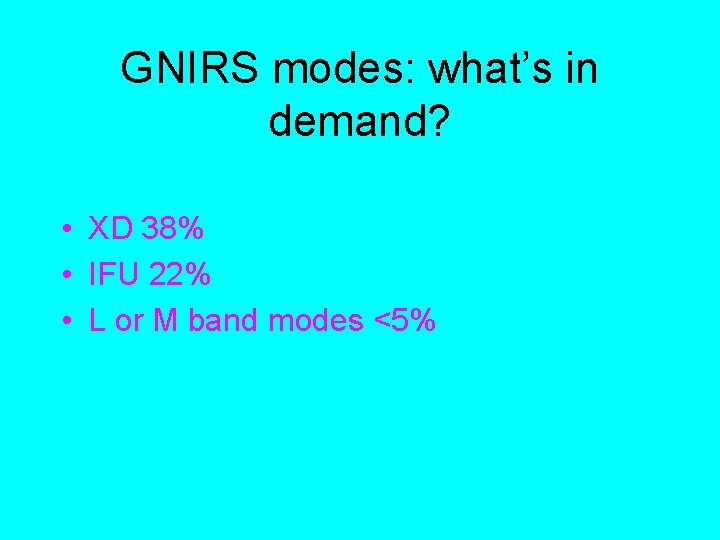 GNIRS modes: what’s in demand? • XD 38% • IFU 22% • L or