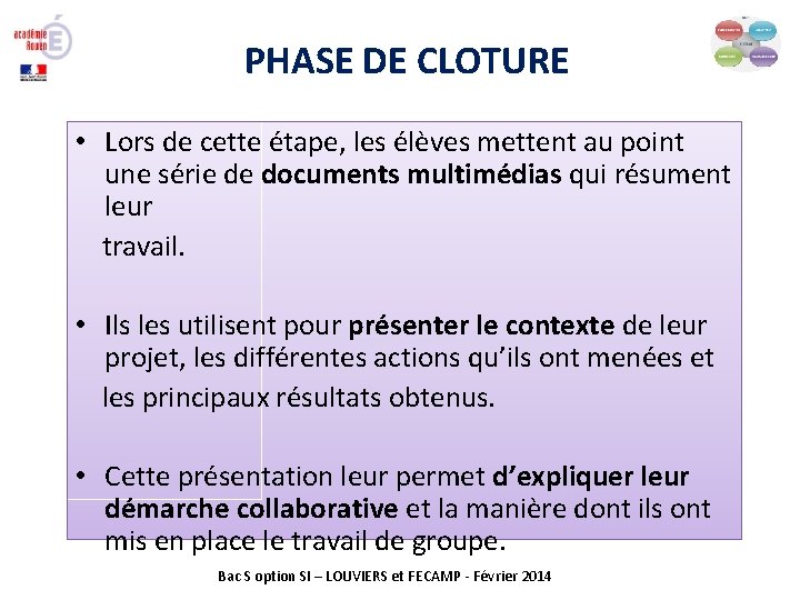 PHASE DE CLOTURE • Lors de cette étape, les élèves mettent au point une