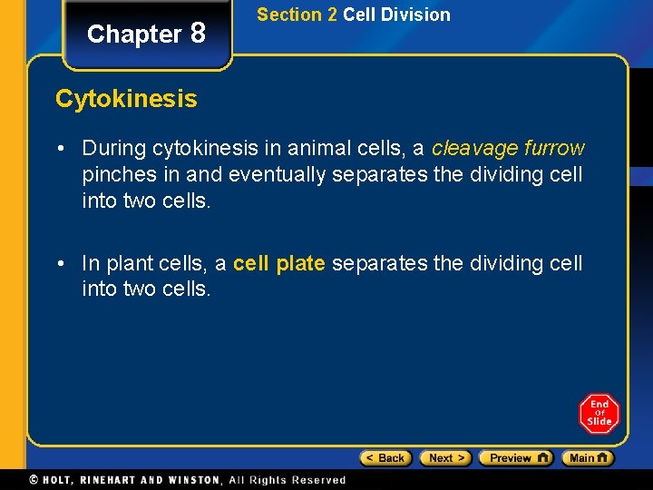 Chapter 8 Section 2 Cell Division Cytokinesis • During cytokinesis in animal cells, a