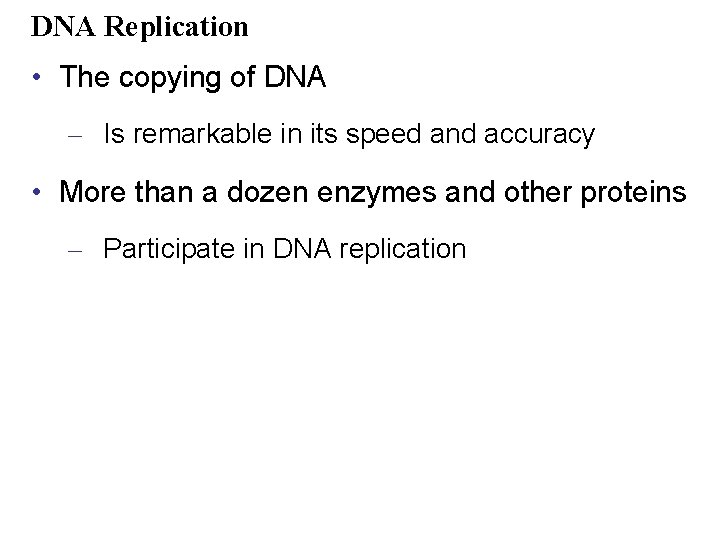 DNA Replication • The copying of DNA – Is remarkable in its speed and
