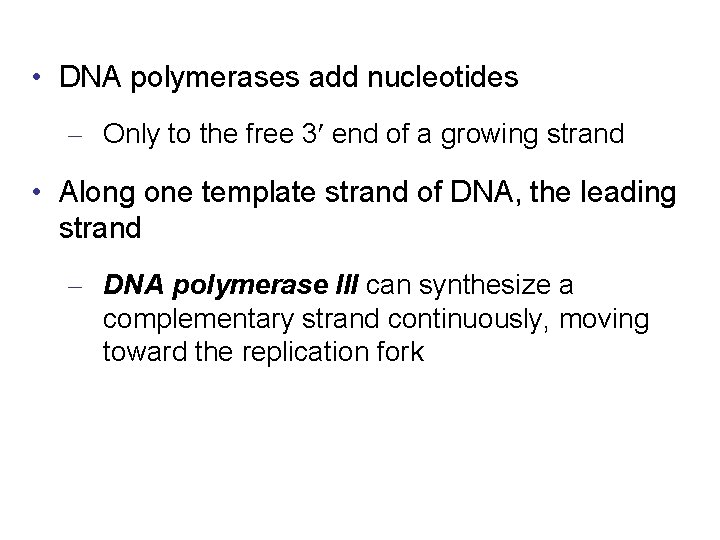  • DNA polymerases add nucleotides – Only to the free 3 end of