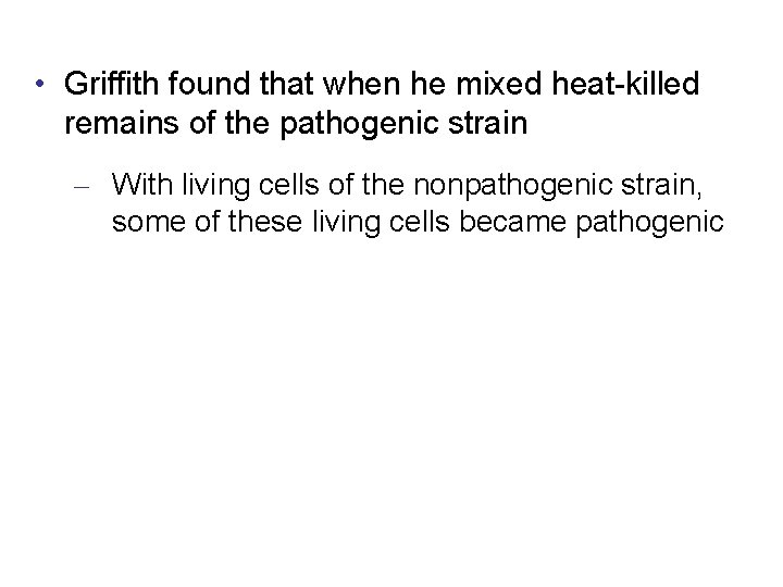  • Griffith found that when he mixed heat-killed remains of the pathogenic strain