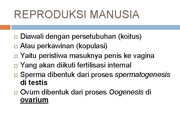 REPRODUKSI MANUSIA Diawali dengan persetubuhan (koitus) Atau perkawinan (kopulasi) Yaitu peristiwa masuknya penis ke