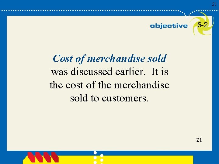 21 6 -2 Cost of merchandise sold was discussed earlier. It is the cost