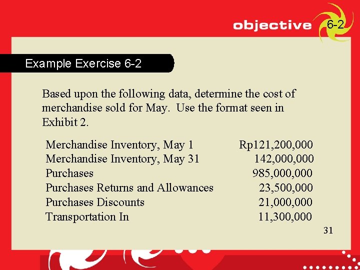 31 6 -2 Example Exercise 6 -2 Based upon the following data, determine the