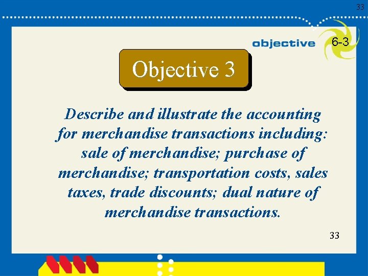 33 6 -3 Objective 3 Describe and illustrate the accounting for merchandise transactions including: