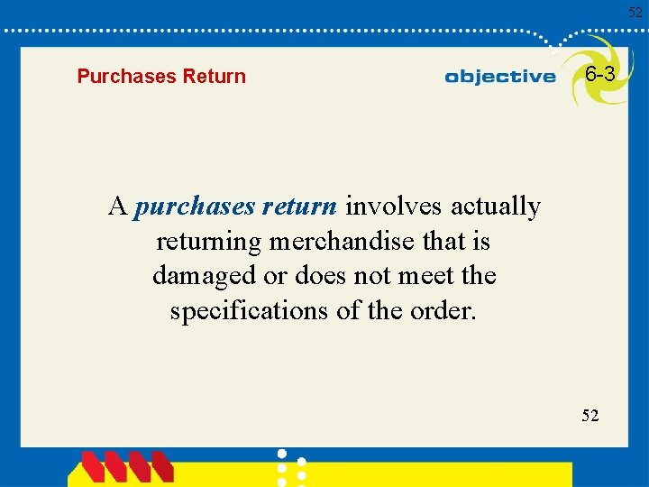 52 Purchases Return 6 -3 A purchases return involves actually returning merchandise that is