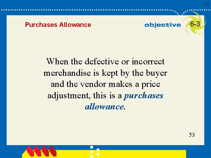 53 Purchases Allowance 6 -3 When the defective or incorrect merchandise is kept by