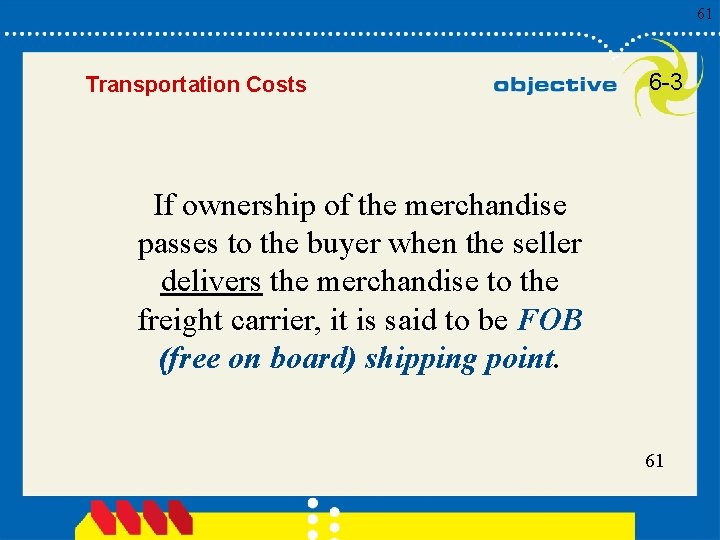 61 Transportation Costs 6 -3 If ownership of the merchandise passes to the buyer