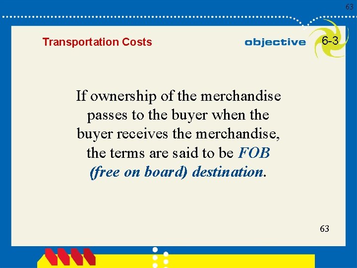 63 Transportation Costs 6 -3 If ownership of the merchandise passes to the buyer