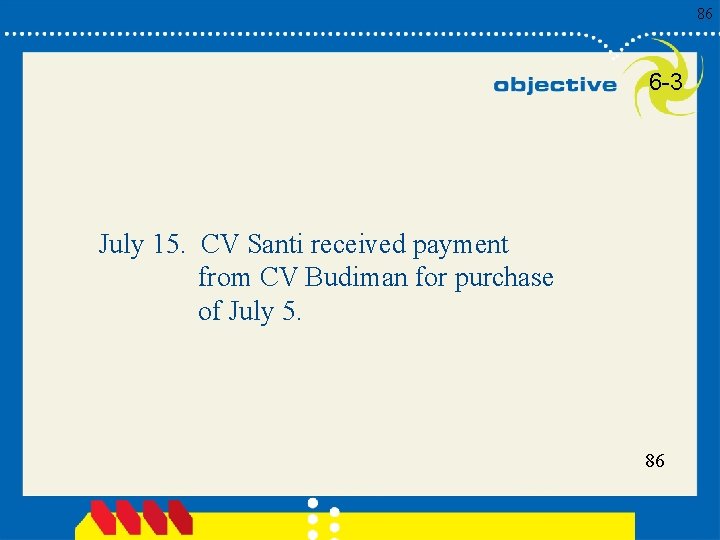 86 6 -3 July 15. CV Santi received payment from CV Budiman for purchase