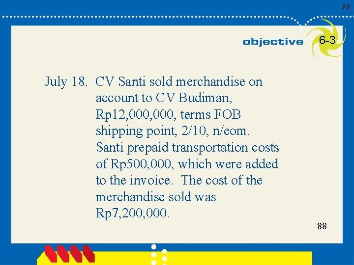 88 6 -3 July 18. CV Santi sold merchandise on account to CV Budiman,