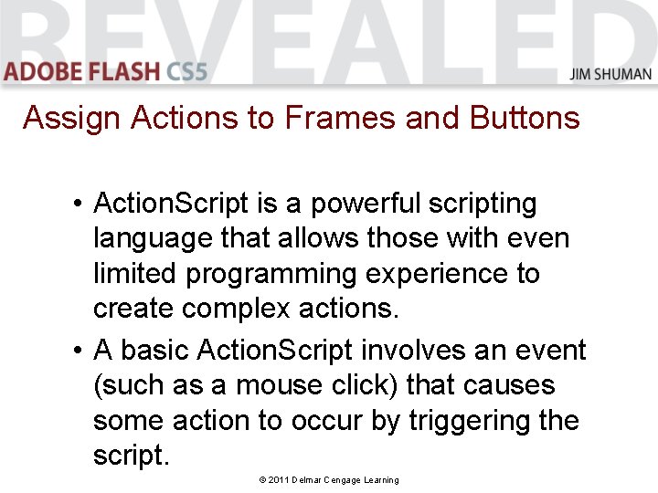 Assign Actions to Frames and Buttons • Action. Script is a powerful scripting language Assign Actions to Frames and Buttons • Action. Script is a powerful scripting language