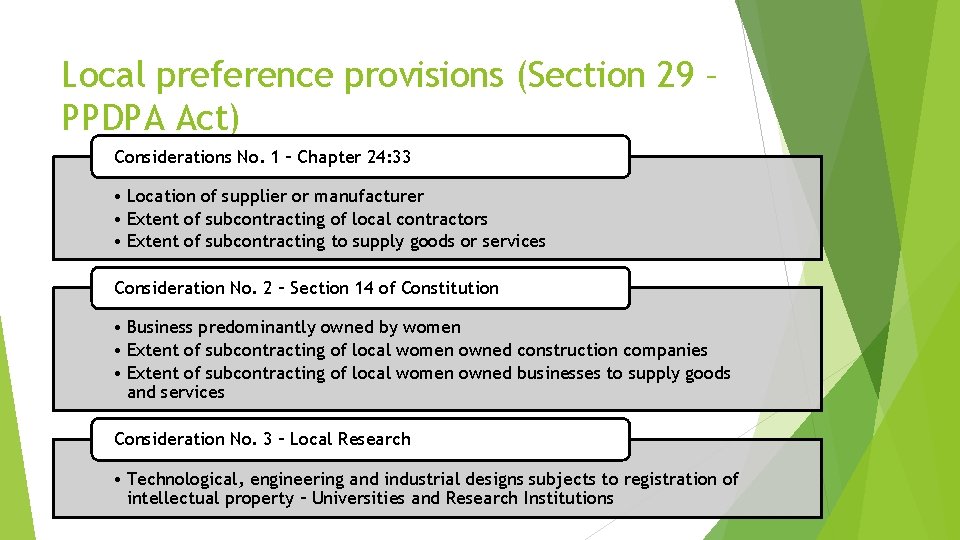 Local preference provisions (Section 29 – PPDPA Act) Considerations No. 1 – Chapter 24: