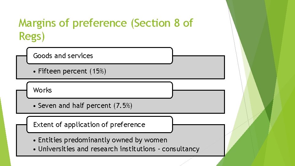 Margins of preference (Section 8 of Regs) Goods and services • Fifteen percent (15%)