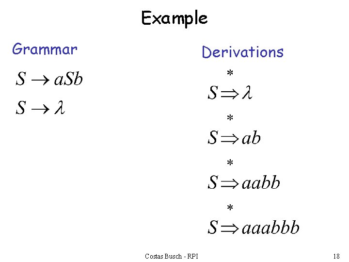 Example Grammar Derivations Costas Busch - RPI 18 