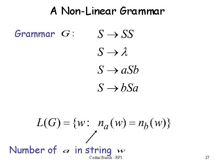 A Non-Linear Grammar Number of : in string Costas Busch - RPI 27 