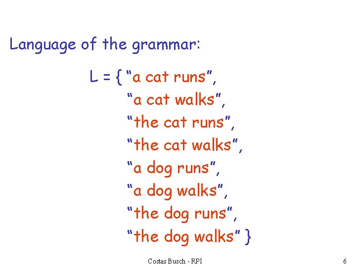 Language of the grammar: L = { “a cat runs”, “a cat walks”, “the