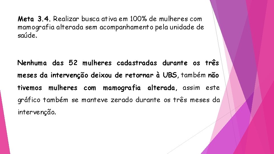 Meta 3. 4. Realizar busca ativa em 100% de mulheres com mamografia alterada sem
