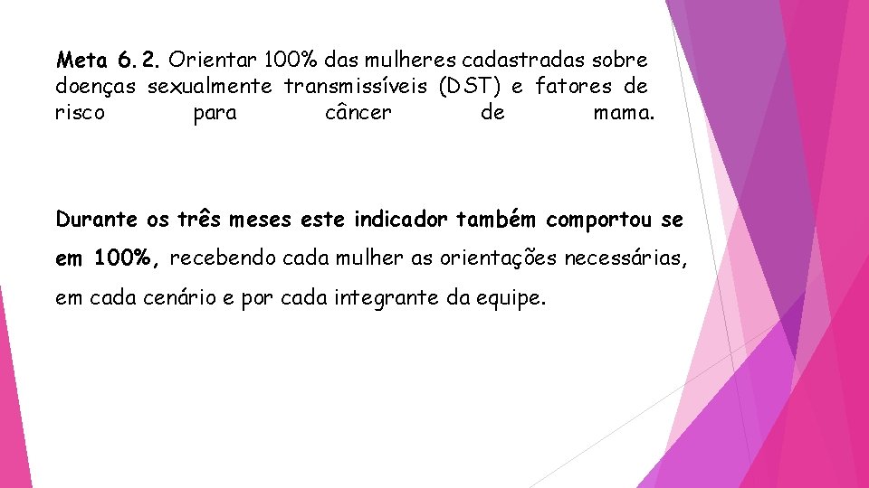 Meta 6. 2. Orientar 100% das mulheres cadastradas sobre doenças sexualmente transmissíveis (DST) e