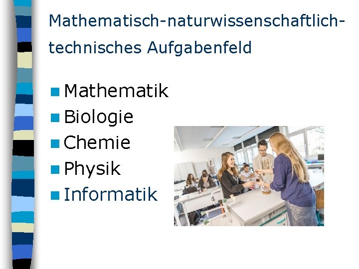 Mathematisch-naturwissenschaftlichtechnisches Aufgabenfeld n Mathematik n Biologie n Chemie n Physik n Informatik 