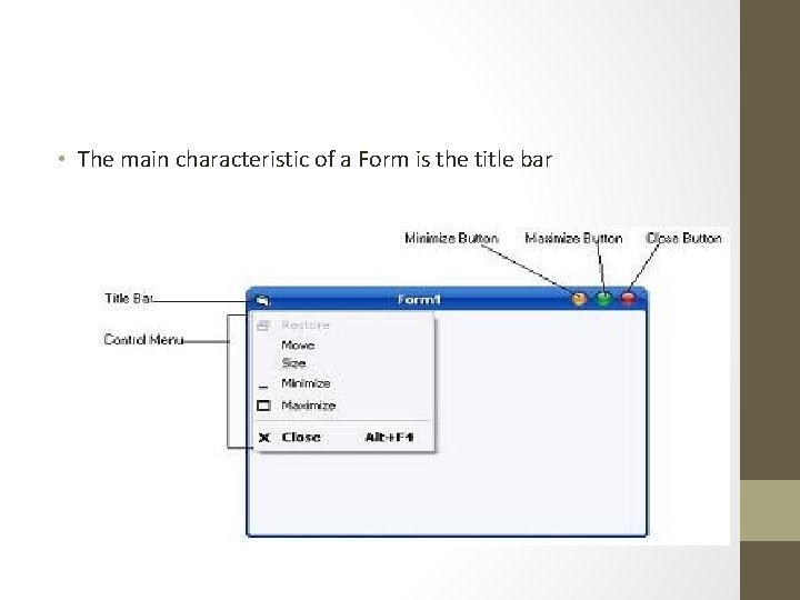 • The main characteristic of a Form is the title bar • The main characteristic of a Form is the title bar