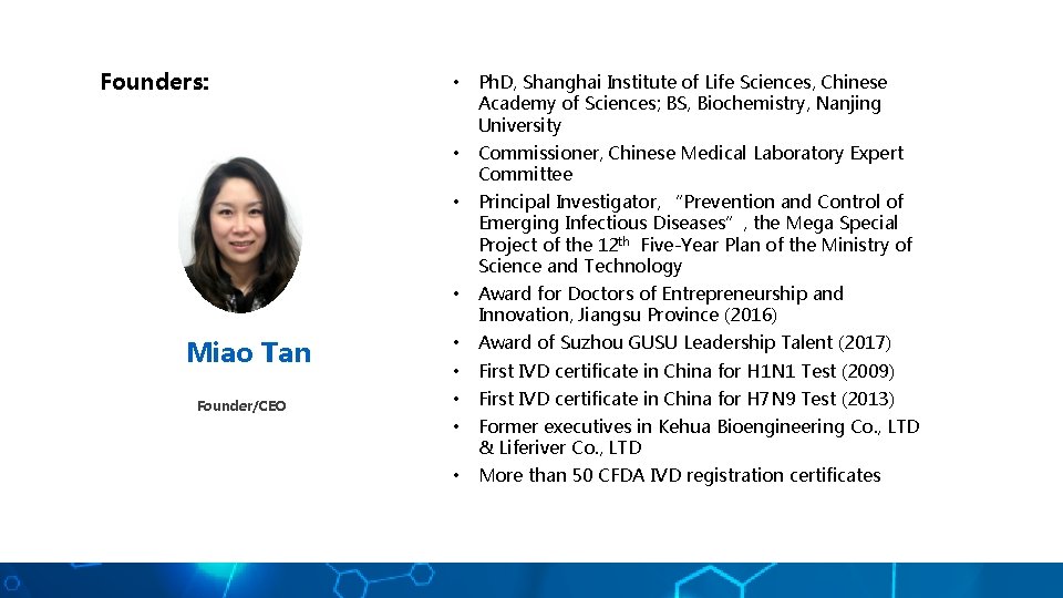 Founders: Miao Tan Founder/CEO • Ph. D, Shanghai Institute of Life Sciences, Chinese Academy
