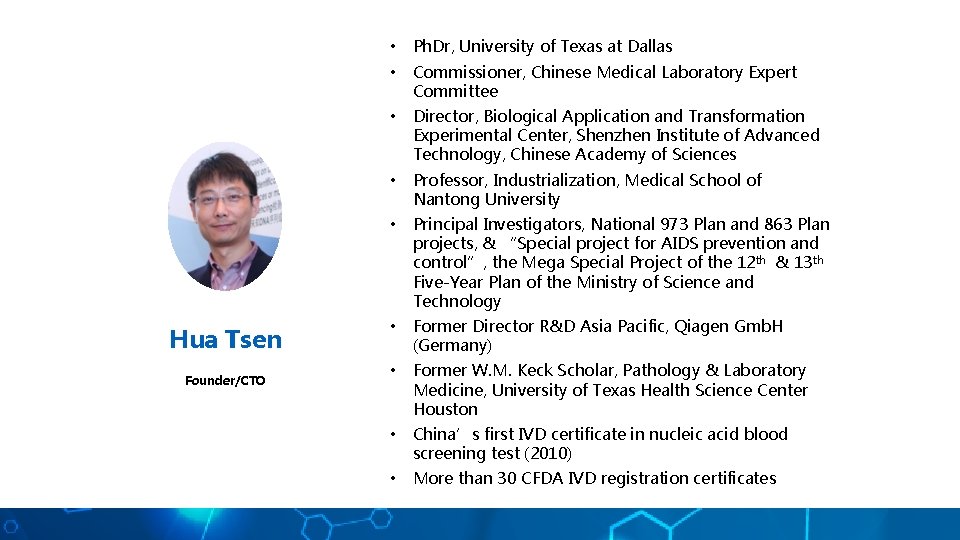 Hua Tsen Founder/CTO • Ph. Dr, University of Texas at Dallas • Commissioner, Chinese