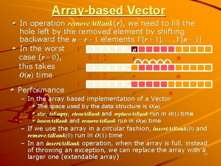 Array-based Vector In operation remove. At. Rank(r), we need to fill the hole left