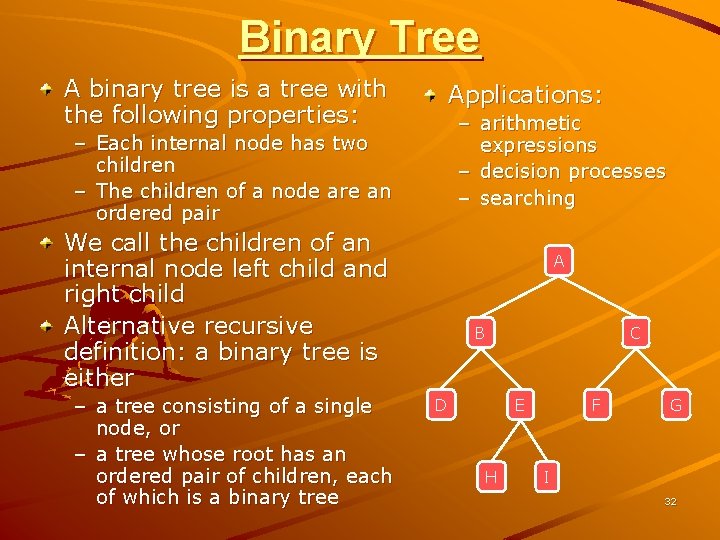 Binary Tree A binary tree is a tree with the following properties: Applications: –