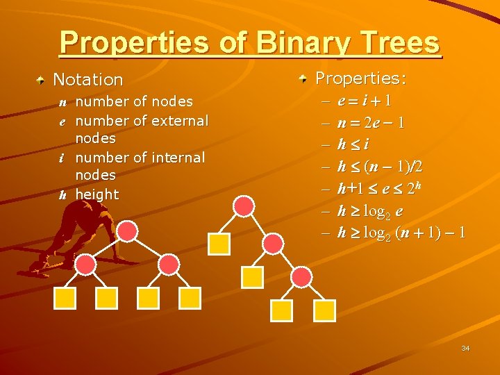 Properties of Binary Trees Notation n number of nodes e number of external nodes