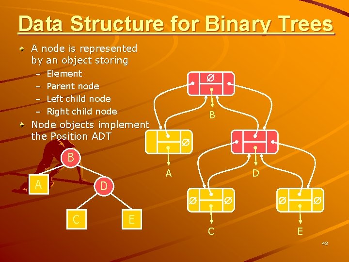 Data Structure for Binary Trees A node is represented by an object storing –