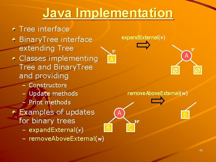 Java Implementation Tree interface Binary. Tree interface extending Tree Classes implementing Tree and Binary.