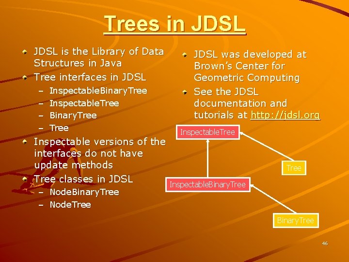 Trees in JDSL is the Library of Data Structures in Java Tree interfaces in