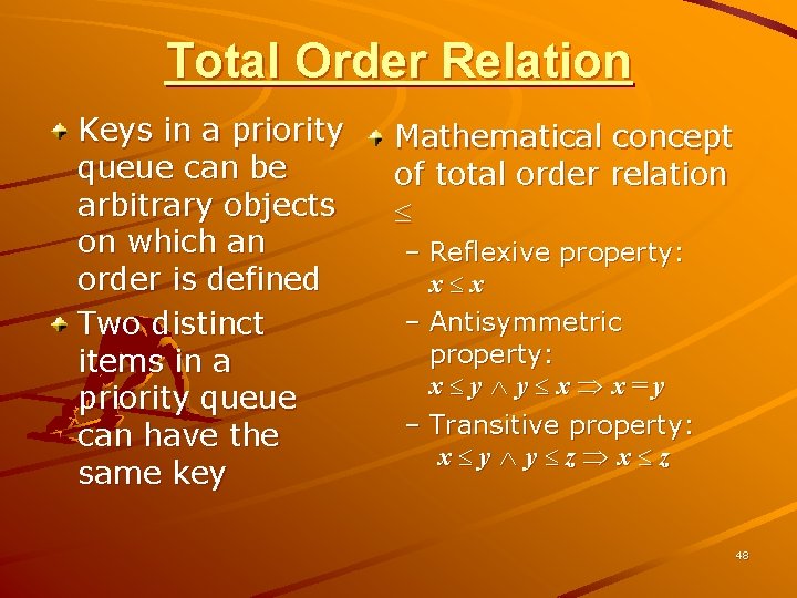 Total Order Relation Keys in a priority queue can be arbitrary objects on which