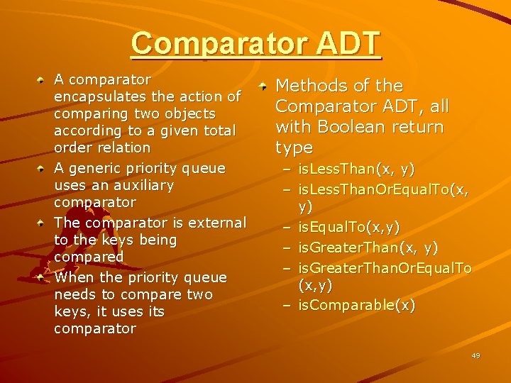 Comparator ADT A comparator encapsulates the action of comparing two objects according to a