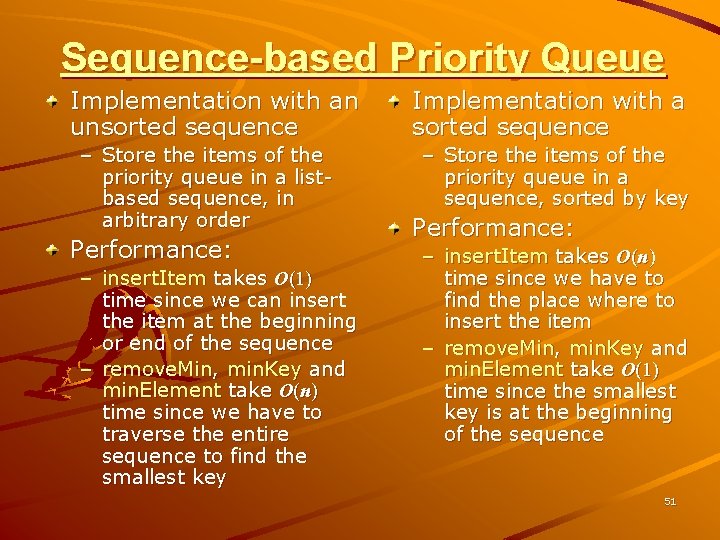 Sequence-based Priority Queue Implementation with an unsorted sequence – Store the items of the