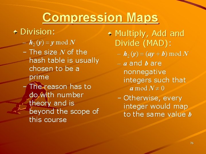 Compression Maps Division: – h 2 (y) = y mod N – The size