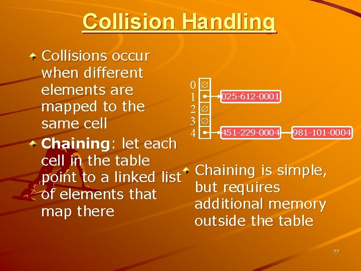 Collision Handling Collisions occur when different elements are mapped to the same cell Chaining: