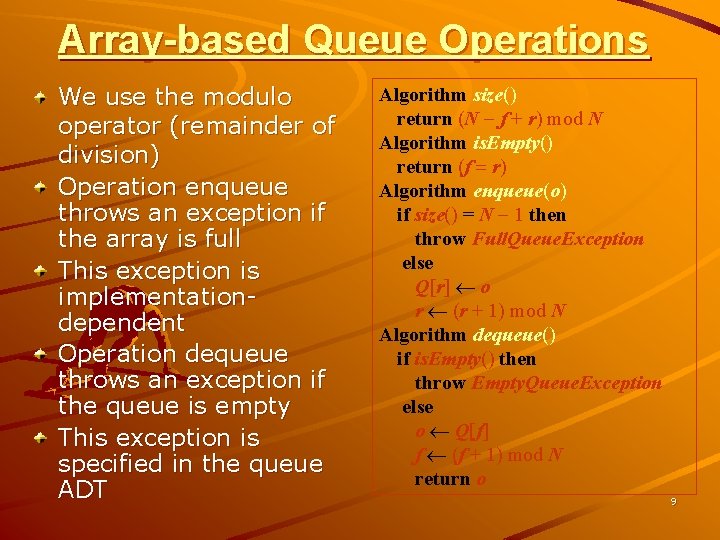 Array-based Queue Operations We use the modulo operator (remainder of division) Operation enqueue throws