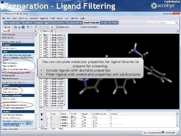 Preparation – Ligand Filtering Confidential You can calculate molecular properties for ligand libraries to