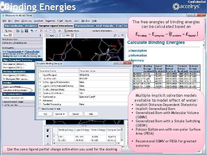 Binding Energies Confidential The free energies of binding energies can be calculated based on