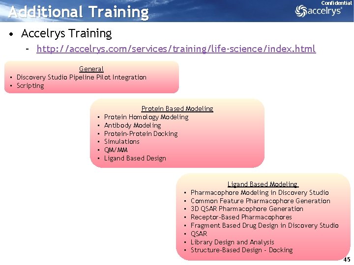 Confidential Additional Training • Accelrys Training – http: //accelrys. com/services/training/life-science/index. html General • Discovery