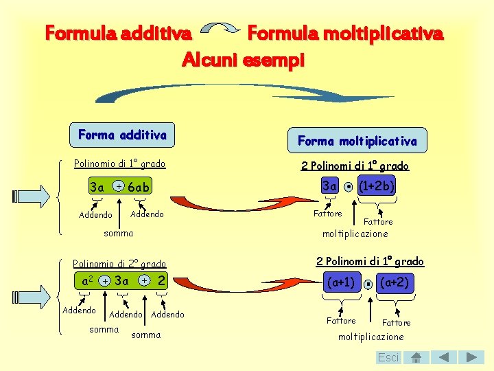 Formula additiva Formula moltiplicativa Alcuni esempi Forma additiva Polinomio di 1° grado 3 a
