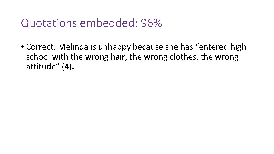 Quotations embedded: 96% • Correct: Melinda is unhappy because she has “entered high school